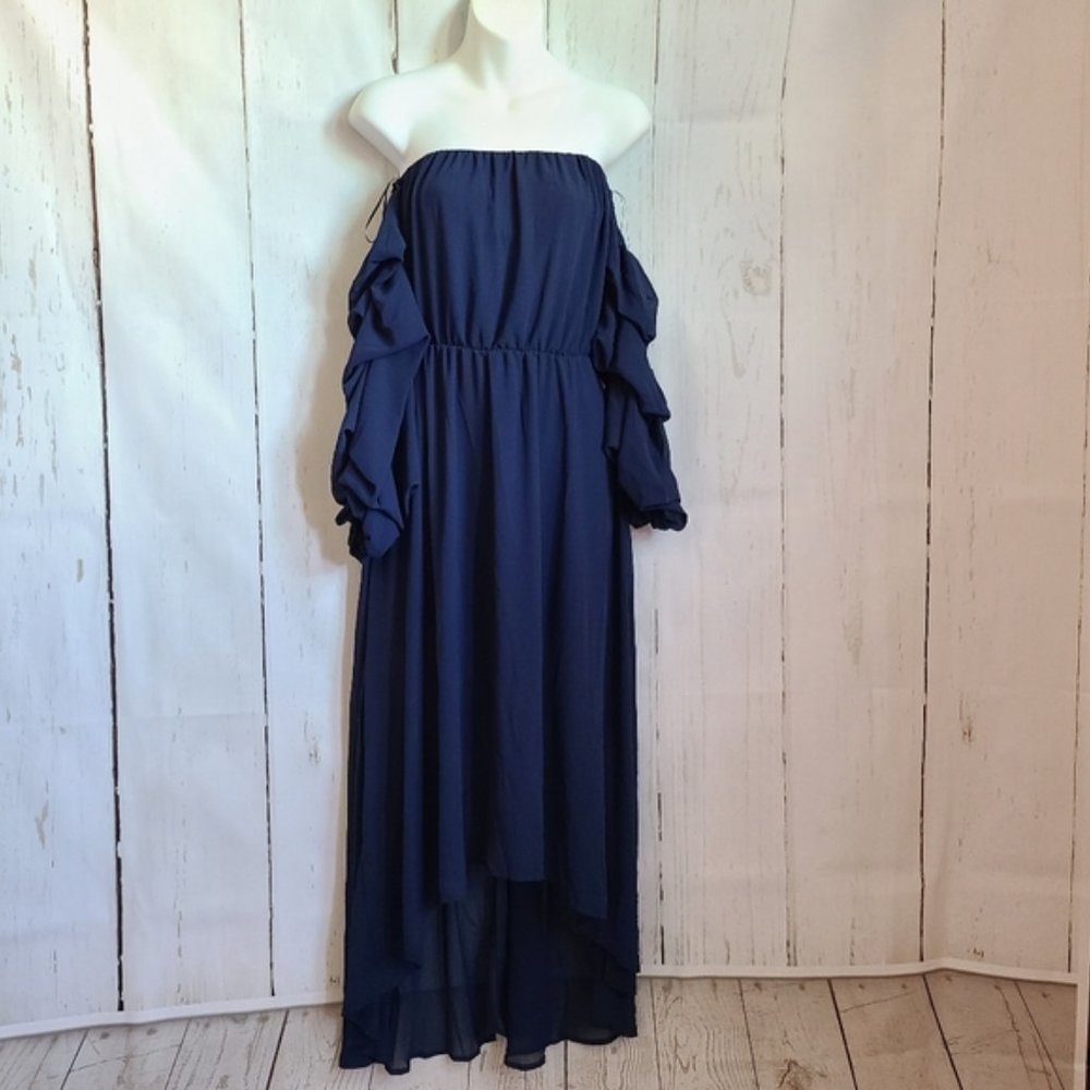 Miss Avenue Navy High Low off the shoulder dress ruffle semi sheer sleeve